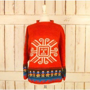 Vintage red chunky knit tribal sun sweater